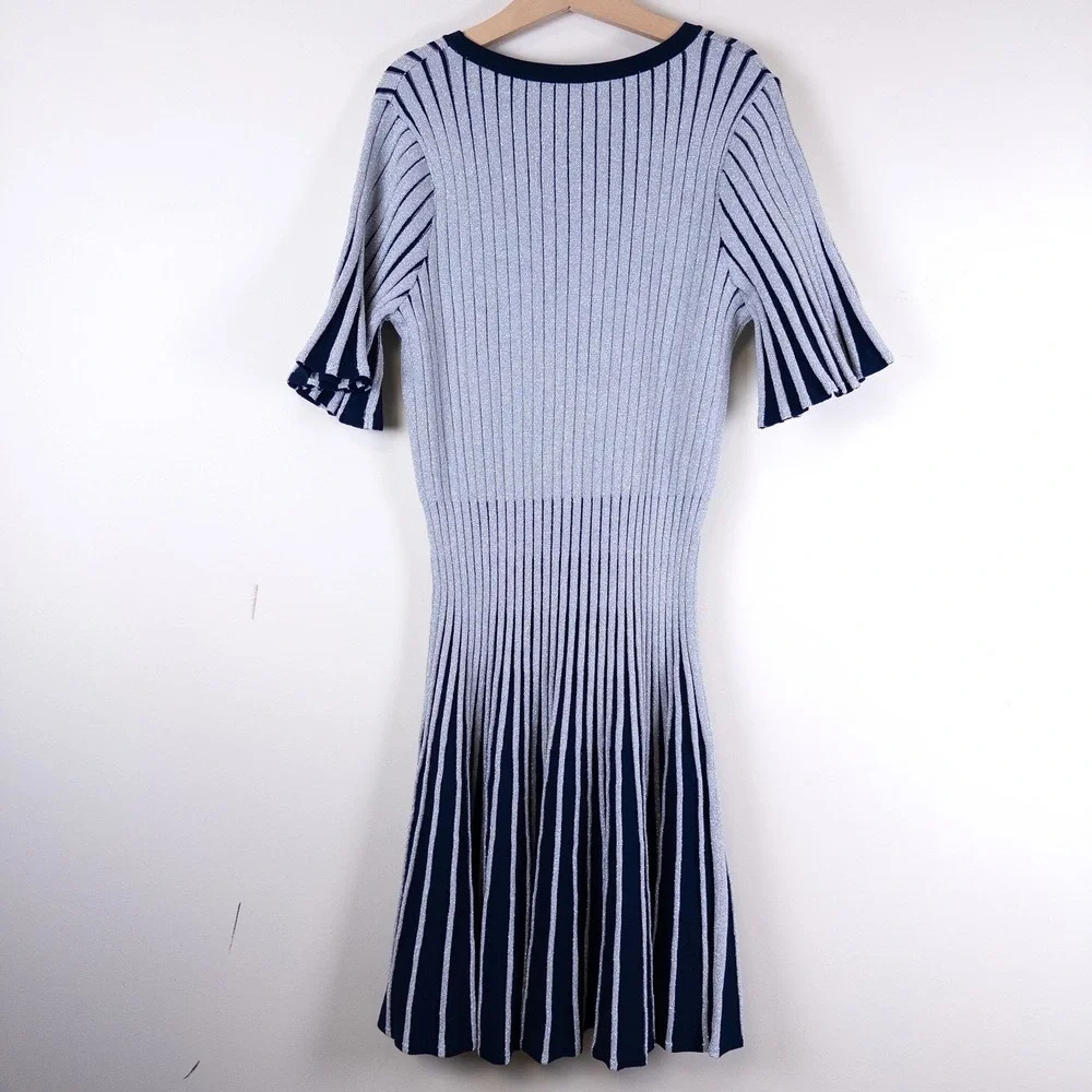 REISS Ribbed‎ Knit Dress Girls 11-12Y Navy Silver Metallic Stripe Skater Dress